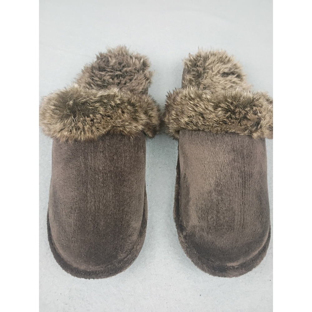 Womens Brown Faux Fur Lined Mules Plush Slip On House Slippers Loungewear